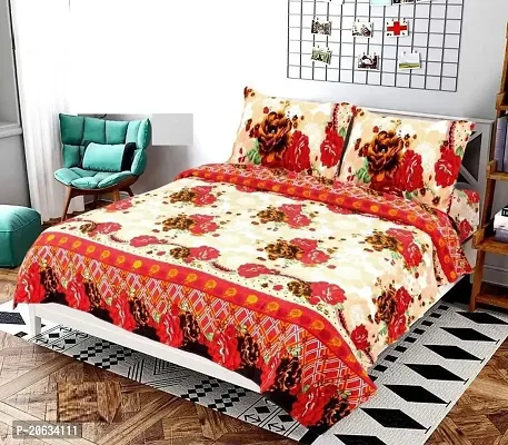 PCOTT Prime Collection 144 TC Polycotton 3D Printed Double Bedsheet with 2 Pillow Covers (Multicolour, Size 90 x 90 Inch) - Maroon  White with Red Flowers 3D4-thumb0