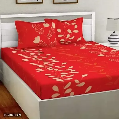 PCOTT Prime Collection 144 TC Polycotton 3D Printed Double Bedsheet with 2 Pillow Covers (Multicolour, Size 90 x 90 Inch) - Red with White Leaves 3D1-thumb0