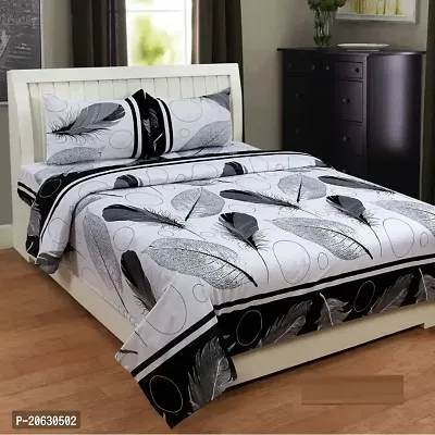 PCOTT Prime Collection 144TC 3D Printed Polycotton Double Bedsheet with 2 Pillow Covers (Multicolour, Size 87 x 87 Inch) - White with Black  White Leaves 3D-thumb0