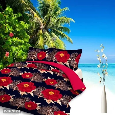 PCOTT Prime Collection 144 TC Polycotton 3D Printed Double Bedsheet with 2 Pillow Covers (Multicolour, Size 90 x 90 Inch) - Red Flower 3D1