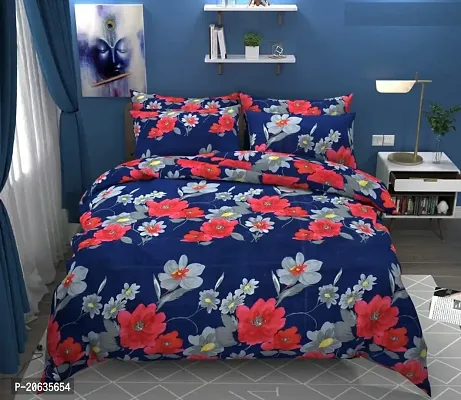 PCOTT Prime Collection 144 TC Polycotton 3D Printed Double Bedsheet with 2 Pillow Covers (Multicolour, Size 90 x 90 Inch) - Blue with Red  White Flower 3D10