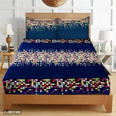 PCOTT Prime Collection 144 TC Polycotton 3D Printed Double Bedsheet with 2 Pillow Covers (Multicolour, Size 90 x 90 Inch) - Blue with Multi Colour Square 3D8