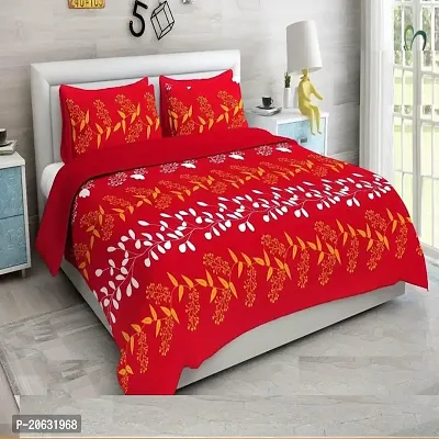 PCOTT Prime Collection 144 TC Polycotton 3D Printed Double Bedsheet with 2 Pillow Covers (Multicolour, Size 90 x 90 Inch) - Red with White Leaves 3D4