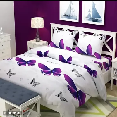 PCOTT Prime Collection 144 TC Polycotton 3D Printed Double Bedsheet with 2 Pillow Covers (Multicolour, Size 90 x 90 Inch) - White with Purple Butterfly 3D1