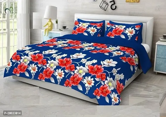 PCOTT Prime Collection 144 TC Polycotton 3D Printed Double Bedsheet with 2 Pillow Covers (Multicolour, Size 90 x 90 Inch) - Blue with Red  White Flower 3D8