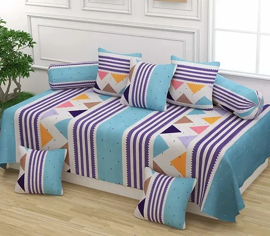 PCOTT 160 TC Supersoft Glace Cotton 8 pc Diwan Set, Multicolour (1 Single Bedsheet, 2 Bolster Covers and 5 Cushion Covers)