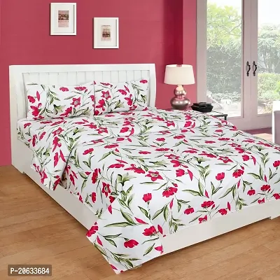 PCOTT Prime Collection 144 TC Polycotton 3D Printed Double Bedsheet with 2 Pillow Covers (Multicolour, Size 90 x 90 Inch) - White with Green Leaves 3D2