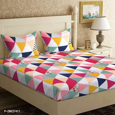 PCOTT Prime Collection 160TC Supersoft Glace Cotton Elastic Fitted King Size Double Bedsheet with 2 Pillow Covers (Multicolour, Size 72 x 78 Inch) - Coloured Triangles 2 - Gold Fitted