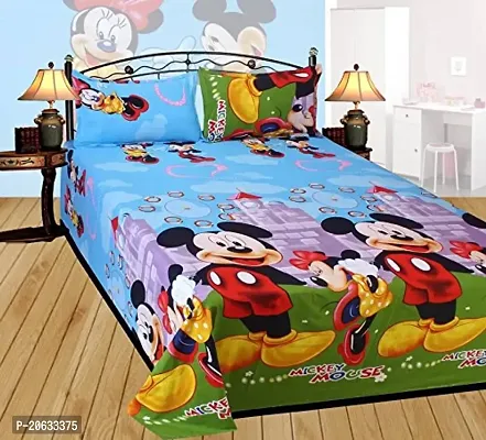 PCOTT Prime Collection 144TC 3D Printed Polycotton Double Bedsheet with 2 Pillow Covers (Multicolour, Size 87 x 87 Inch) - Mickey Mouse 3D2