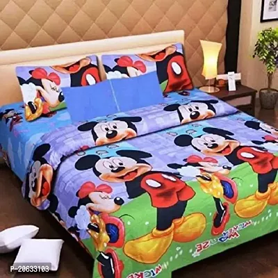 PCOTT Prime Collection 144 TC Polycotton 3D Printed Double Bedsheet with 2 Pillow Covers (Multicolour, Size 90 x 90 Inch) - Mickey Mouse 3D10