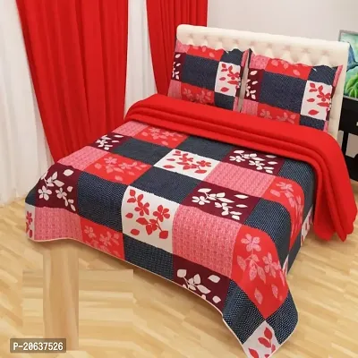 PCOTT Prime Collection 144 TC Polycotton 3D Printed Double Bedsheet with 2 Pillow Covers (Multicolour, Size 90 x 90 Inch) - Red Grey Check with Leaves 3D5