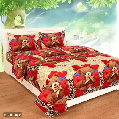 PCOTT Prime Collection 144 TC Polycotton 3D Printed Double Bedsheet with 2 Pillow Covers (Multicolour, Size 90 x 90 Inch) - Teddy Bear 3D3