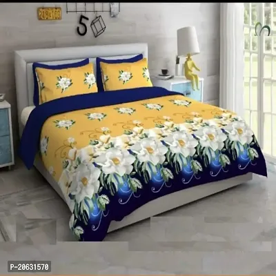 PCOTT Prime Collection 144TC 3D Printed Polycotton Double Bedsheet with 2 Pillow Covers (Multicolour, Size 87 x 87 Inch) - Yellow with White Roses 3D1