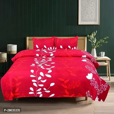 PCOTT Prime Collection 144 TC Polycotton 3D Printed Double Bedsheet with 2 Pillow Covers (Multicolour, Size 90 x 90 Inch) - Red with White Leaves 3D6-thumb0