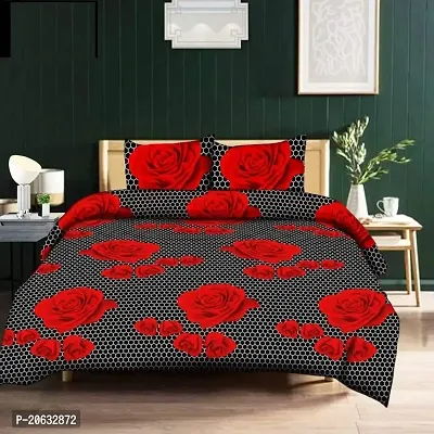 PCOTT Prime Collection 144 TC Polycotton 3D Printed Double Bedsheet with 2 Pillow Covers (Multicolour, Size 90 x 90 Inch) - Dotted Black with Red Flower 3D8