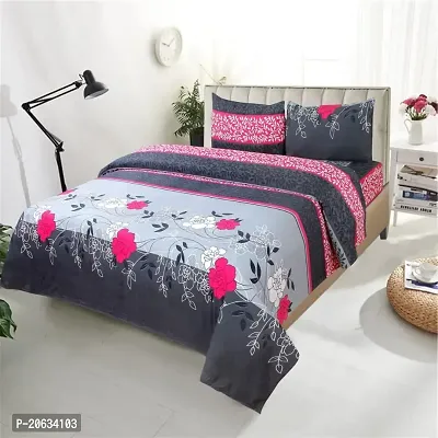 PCOTT Prime Collection 144 TC Polycotton 3D Printed Double Bedsheet with 2 Pillow Covers (Multicolour, Size 90 x 90 Inch) - Double Grey with Flowers 3D5