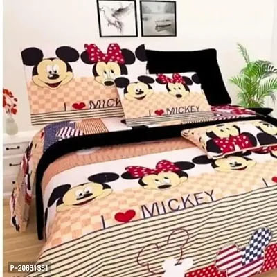 PCOTT Prime Collection 144TC 3D Printed Polycotton Double Bedsheet with 2 Pillow Covers (Multicolour, Size 87 x 87 Inch) - Cream Mickey 3D