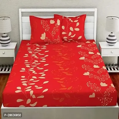 PCOTT Prime Collection 144 TC Polycotton 3D Printed Double Bedsheet with 2 Pillow Covers (Multicolour, Size 90 x 90 Inch) - Red with White Leaves 3D3