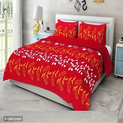 PCOTT Prime Collection 144 TC Polycotton 3D Printed Double Bedsheet with 2 Pillow Covers (Multicolour, Size 90 x 90 Inch) - Red with White Leaves 3D8