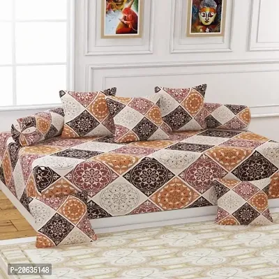 PCOTT 160 TC Supersoft Glace Cotton 8 pc Diwan Set, Multicolour (1 Single Bedsheet, 2 Bolster Covers and 5 Cushion Covers) - Brown Rangoli-Diwan