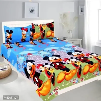 PCOTT Prime Collection 144 TC Polycotton 3D Printed Double Bedsheet with 2 Pillow Covers (Multicolour, Size 90 x 90 Inch) - Mickey Mouse 3D2