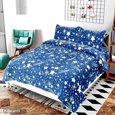 PCOTT Prime Collection 144 TC Polycotton 3D Printed Double Bedsheet with 2 Pillow Covers (Multicolour, Size 90 x 90 Inch) - Blue with Stars 3D6