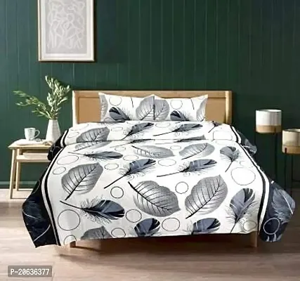 PCOTT Prime Collection 144 TC Polycotton 3D Printed Double Bedsheet with 2 Pillow Covers (Multicolour, Size 90 x 90 Inch) - White with Black  White Leaves 3D3