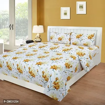 PCOTT Prime Collection 144TC 3D Printed Polycotton Double Bedsheet with 2 Pillow Covers (Multicolour, Size 87 x 87 Inch) - White with Yellow Flowers 3D3-M