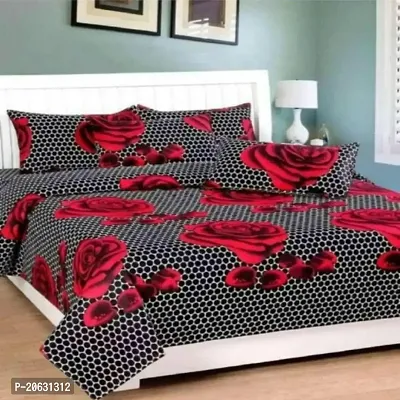 PCOTT Prime Collection 144TC 3D Printed Polycotton Double Bedsheet with 2 Pillow Covers (Multicolour, Size 87 x 87 Inch) - Dotted Black with Red Flower 3D