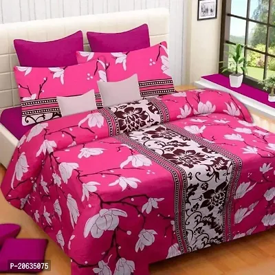 PCOTT Prime Collection 144 TC Polycotton 3D Printed Double Bedsheet with 2 Pillow Covers (Multicolour, Size 90 x 90 Inch) - Pink with White Flower 3D10