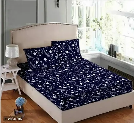 PCOTT Prime Collection 144 TC Polycotton 3D Printed Double Bedsheet with 2 Pillow Covers (Multicolour, Size 90 x 90 Inch) - Blue with Stars 3D2