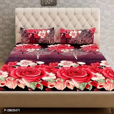 PCOTT Prime Collection 144 TC Polycotton 3D Printed Double Bedsheet with 2 Pillow Covers (Multicolour, Size 90 x 90 Inch) - Maroon with Red Roses 3D3