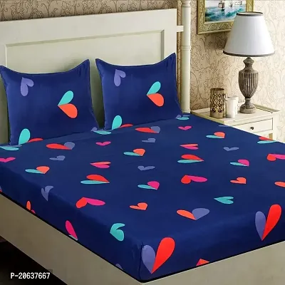 PCOTT Prime Collection 160 TC Supersoft Glace Cotton King Size Elastic Fitted Double Bedsheet with 2 Pillow Covers (Multicolour, Size 72 x 78 Inch) - Blue Hearts 3 - Gold Fitted