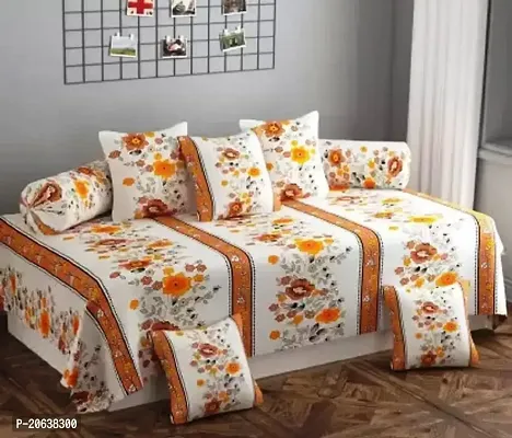 PCOTT 160 TC Supersoft Glace Cotton 8 pc Diwan Set, Multicolour (1 Single Bedsheet, 2 Bolster Covers and 5 Cushion Covers) - Orange Bail-Diwan