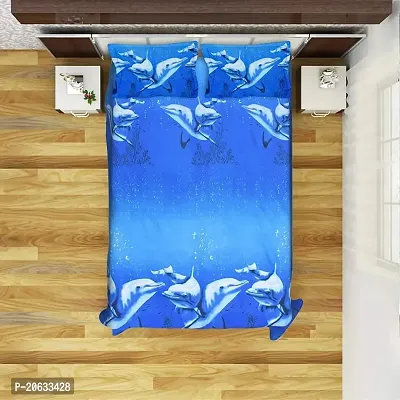 PCOTT Prime Collection 144 TC Polycotton 3D Printed Double Bedsheet with 2 Pillow Covers (Multicolour, Size 90 x 90 Inch) - Blue Fish 3D1