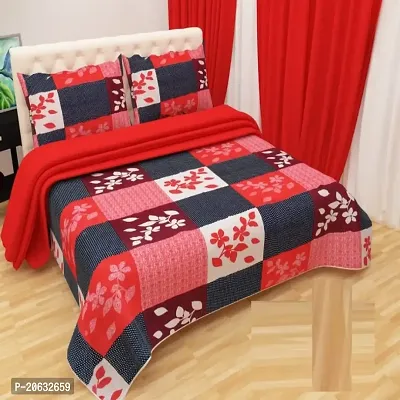 PCOTT Prime Collection 144 TC Polycotton 3D Printed Double Bedsheet with 2 Pillow Covers (Multicolour, Size 90 x 90 Inch) - Red Grey Check with Leaves 3D2