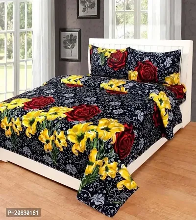 PCOTT Prime Collection 144TC 3D Printed Polycotton Double Bedsheet with 2 Pillow Covers (Multicolour, Size 87 x 87 Inch) - Black with Red  Yellow Flower 3D-M