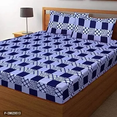 PCOTT Prime Collection 144 TC Polycotton 3D Printed Double Bedsheet with 2 Pillow Covers (Multicolour, Size 90 x 90 Inch) - Blue  White Check 3D5