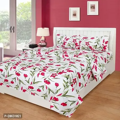 PCOTT Prime Collection 144TC 3D Printed Polycotton Double Bedsheet with 2 Pillow Covers (Multicolour, Size 87 x 87 Inch) - White with Green Leaves 3D-M