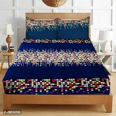 PCOTT Prime Collection 144TC 3D Printed Polycotton Double Bedsheet with 2 Pillow Covers (Multicolour, Size 87 x 87 Inch) - Blue with Multi Colour Square 3D1-M