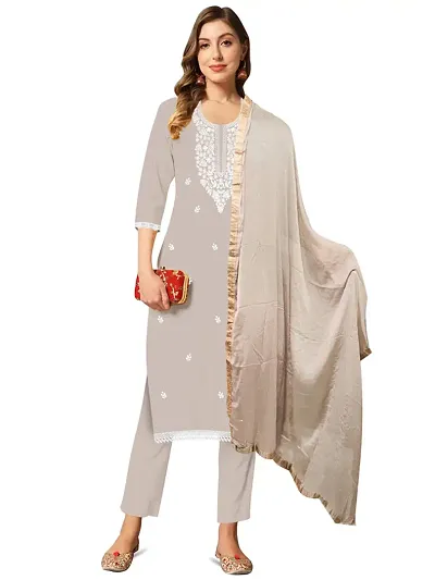 Reliable Silk Blend Embroidered Kurta with Pant And Dupatta Set For Women