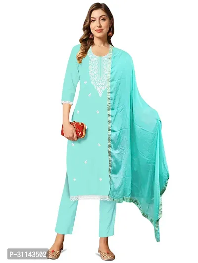 Reliable Turquoise Silk Blend Embroidered Kurta with Pant And Dupatta Set For Women