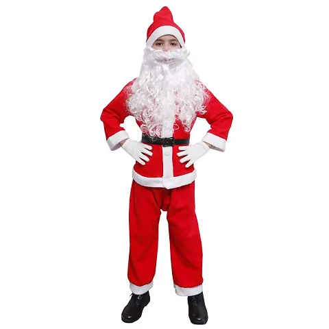 Santa Claus Costume Dress Kids Christmas Costume Complete Set of 6(Jacket,Pant,Hat,Pouch,Beard,Belt)-Red Fancy Dress Costume (NO Gloves)