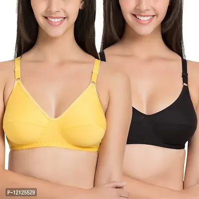 SOUMINIE Women's Cotton Non-Padded Non-Wired Everyday Bra (SLY-935_Yellow Black_30C) Pack of 2-thumb0