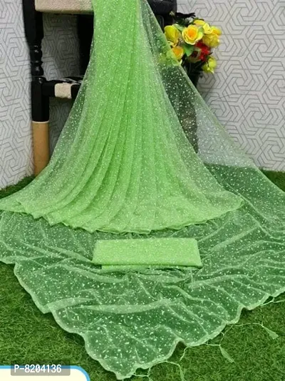 Net Block Print Green Saree with Blouse piece