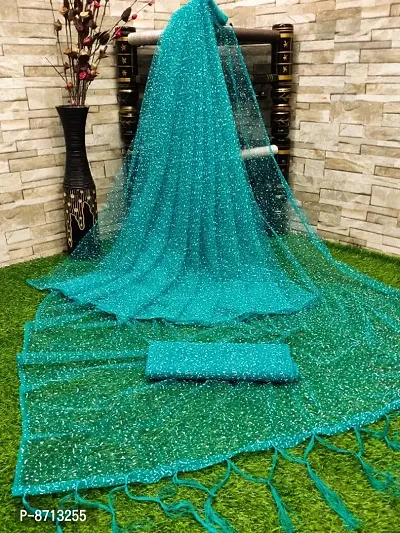 Net Self Pattern Turquoise Saree with Blouse piece