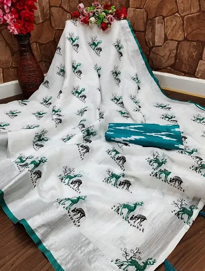 Summer Printed Linen Blend Sarees With Ikat Blouse
