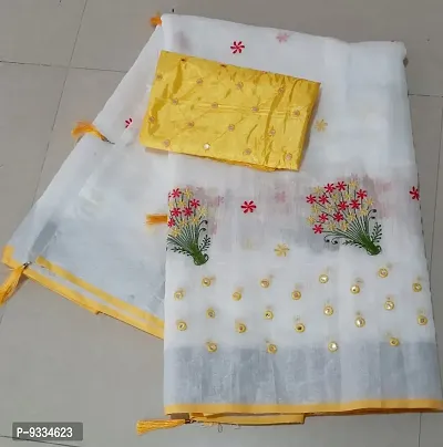 Classic Chanderi Cotton Embroidered Saree with Blouse piece-thumb0