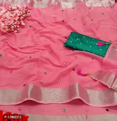 Chanderi Cotton Mirror Work Pink Saree with Blouse piece