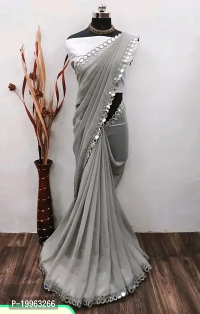 Georgette Mirror Work Grey Saree with Blouse piece